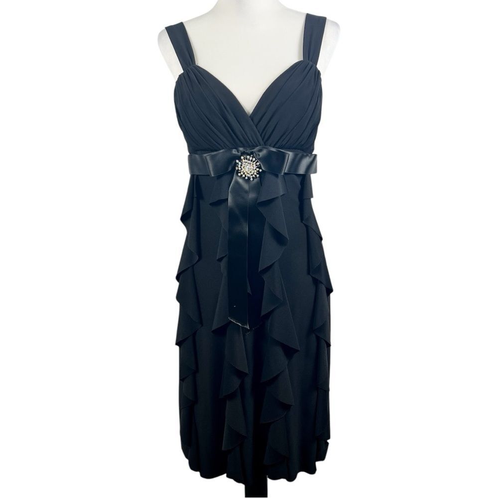 Cache Vintage Y2K Cocktail Party Dress Empire Waist Ruffle Rhinestone Black 10